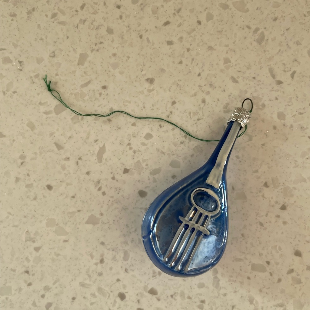Vintage Mandolin Hand Blown Painted Glass Ornament Blue and Silver Holiday